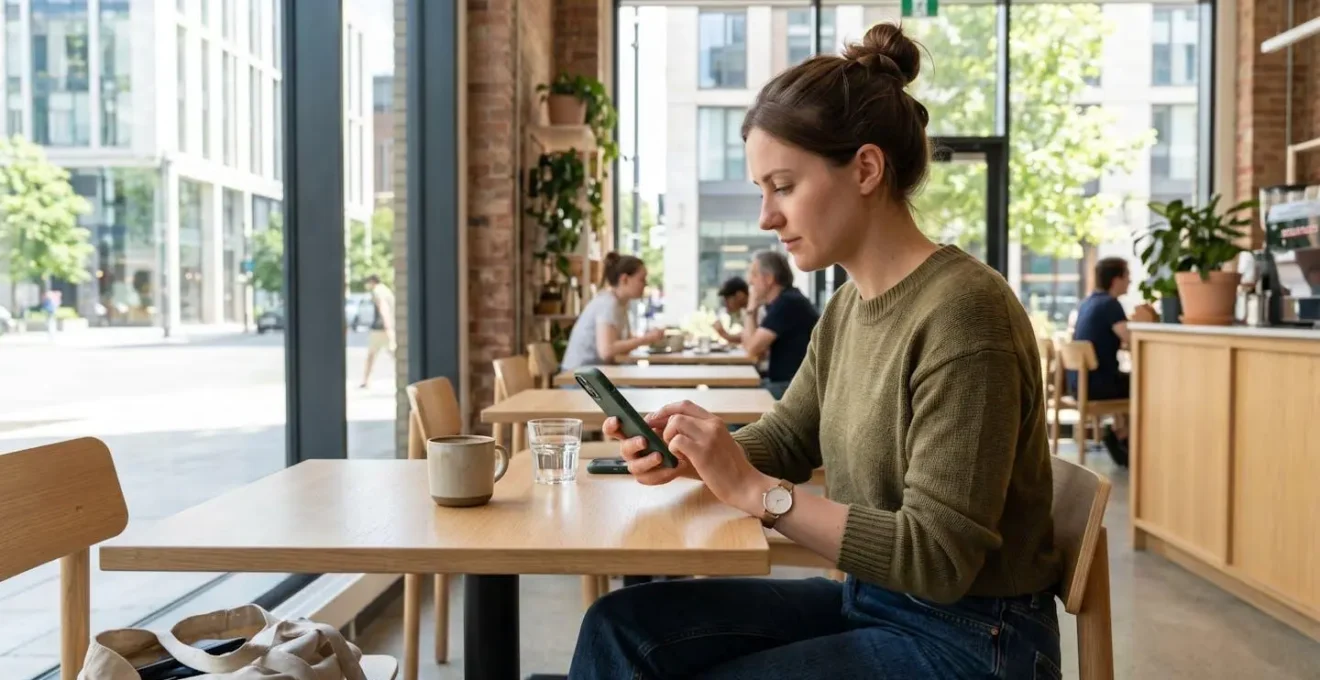 Un jeune adulte d'une trentaine d'années consulte son smartphone dans un café moderne et lumineux, vu de profil dans une posture naturelle de navigation