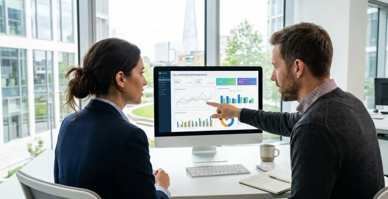 Deux professionnels du marketing digital analysent ensemble des graphiques statistiques sur un écran d'ordinateur dans un bureau lumineux et contemporain