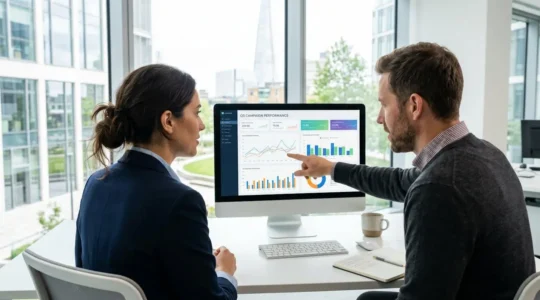 Deux professionnels du marketing digital analysent ensemble des graphiques statistiques sur un écran d'ordinateur dans un bureau lumineux et contemporain