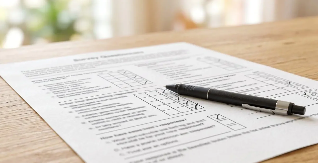 Gros plan sur un questionnaire d'enquête avec cases cochées et stylo posé sur une surface de bureau épurée et moderne