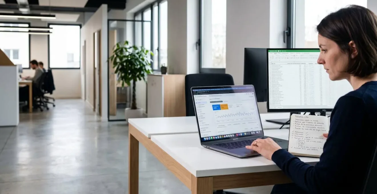 Responsable marketing français examinant des échantillons de contenu sur ordinateur portable affichant des métriques Google Search Console dans un bureau contemporain avec notes d'évaluation