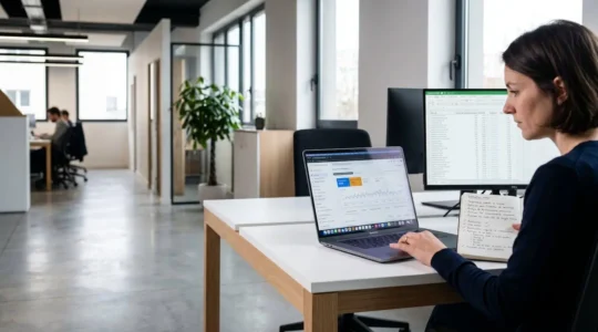 Responsable marketing français examinant des échantillons de contenu sur ordinateur portable affichant des métriques Google Search Console dans un bureau contemporain avec notes d'évaluation