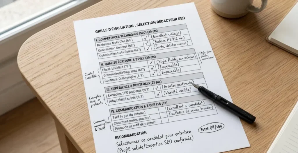 Grille d'évaluation manuscrite en français avec critères de sélection pour rédacteur SEO incluant cases cochées, annotations et 4 sections de décision principales Grille d'évaluation manuscrite en français avec critères de sélection pour rédacteur SEO incluant cases cochées, annotations et 4 sections de décision principales
