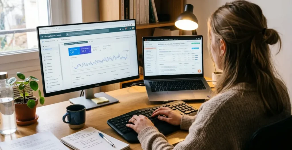 Rédacteur web SEO freelance effectuant une recherche de mots-clés sur SEMrush avec interface en français dans un bureau à domicile avec écran secondaire Google Search Console Rédacteur web SEO freelance effectuant une recherche de mots-clés sur SEMrush avec interface en français dans un bureau à domicile avec écran secondaire Google Search Console